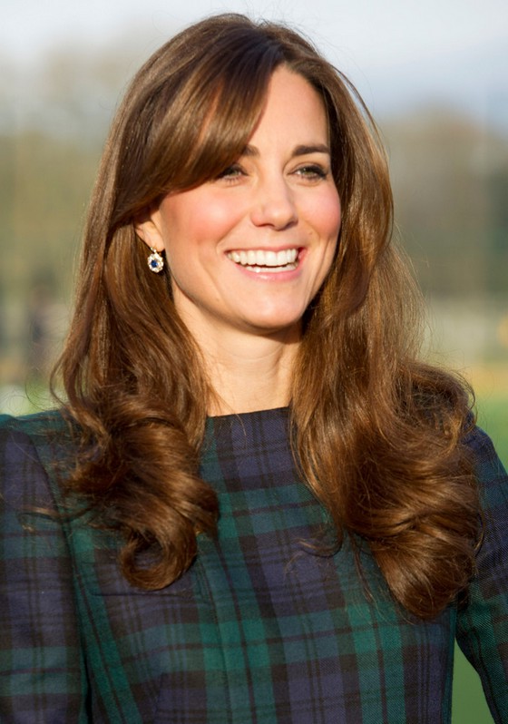 Kate Middleton Long Brunette Wavy Curly Hairstyle with Bangs for ...