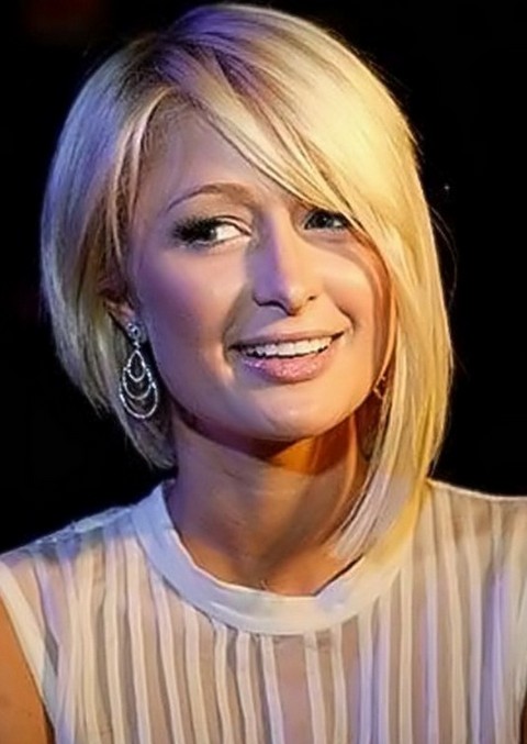 Paris Hilton Asymmetrical Bob Hairstyle with Bangs