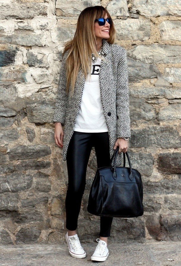 Grey Tweed Coat with Black Leather Pants
