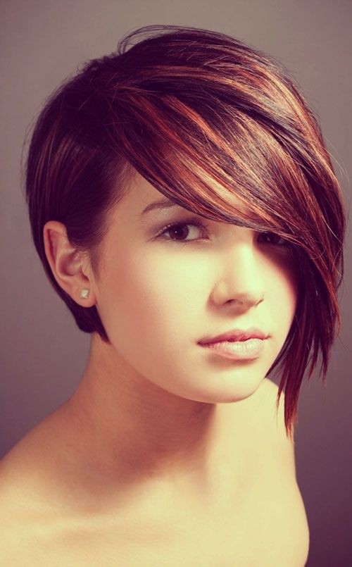 Dark Red Brunette Hair Color Asymmetry Short Haircut