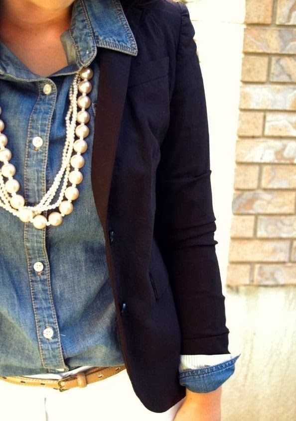 denim and pearl outfit