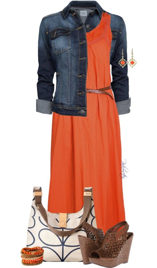 orange dress with denim jacket