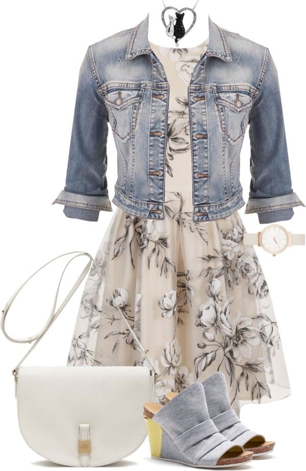 white floral dress with denim jacket