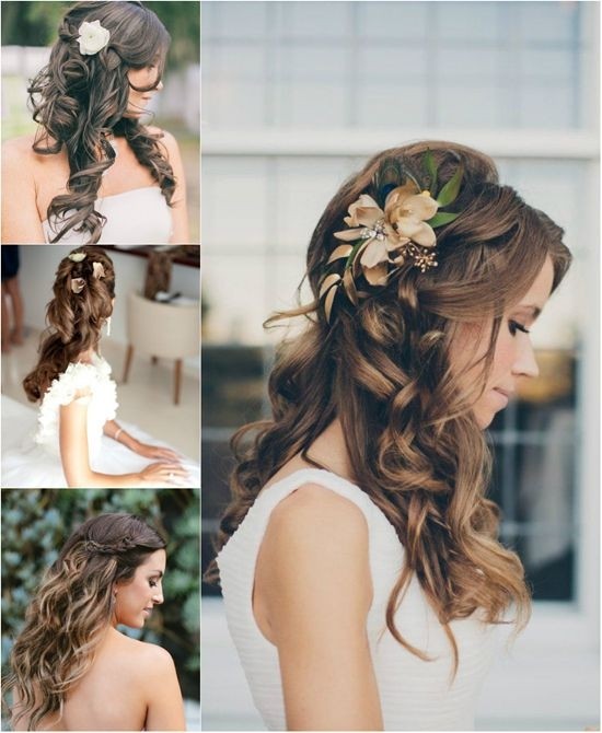 Half Up and Half Down Hairstyle with Brown Wavy Hair: Long Hairstyles for Brides