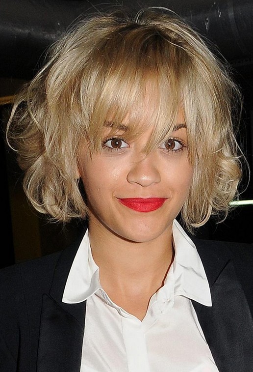 Rita Ora Short Messy Bob Hairstyle with Full Bangs