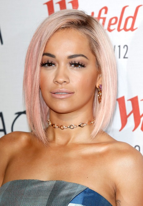 Rita Ora Short Pink Asymmetrical Bob Cut