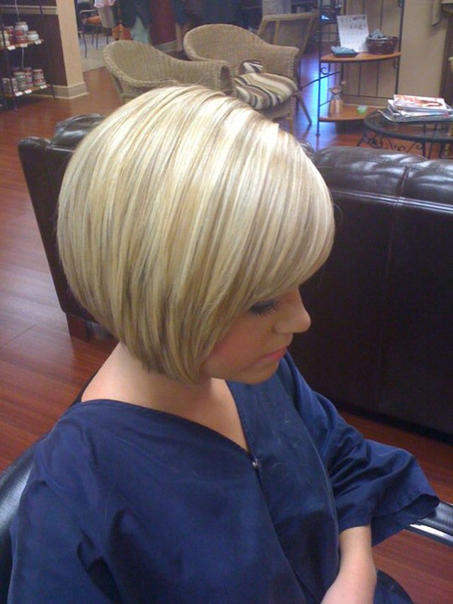 Blonde Stacked Bob Haircut with Bangs