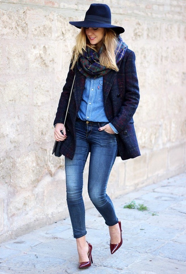 Blue Tweed Coat Outfit Idea