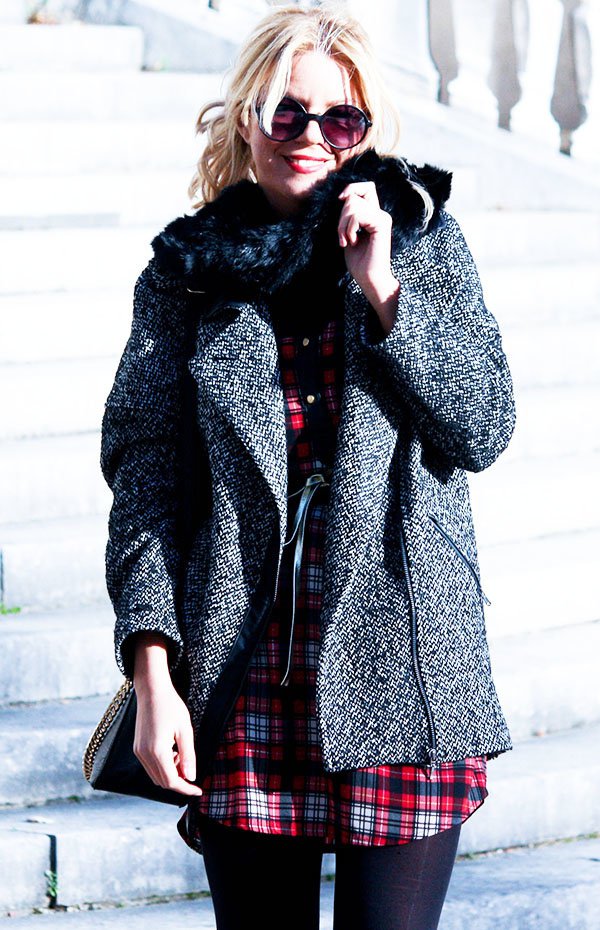 Stylish Grey Tartan Coat Outfit