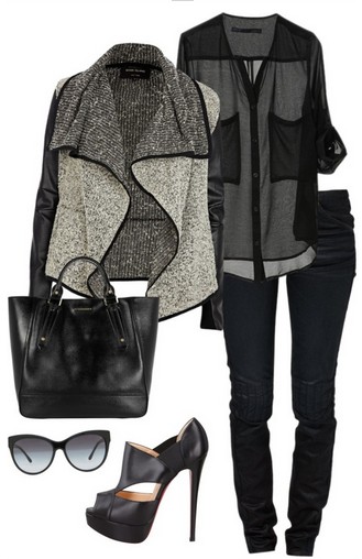 Black and Grey Outfit look, Grey Cardigan, Jeans and Black Pumps