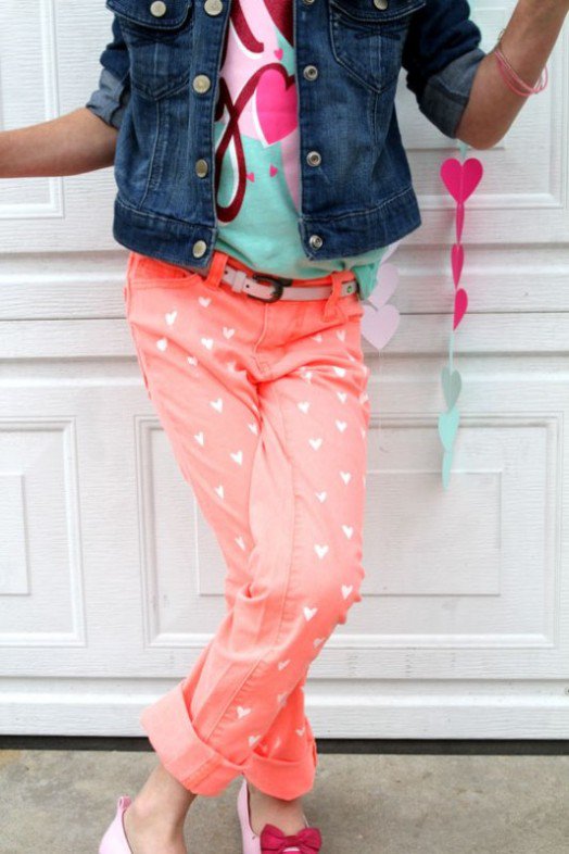 Cute DIY Heart Printed Jeans