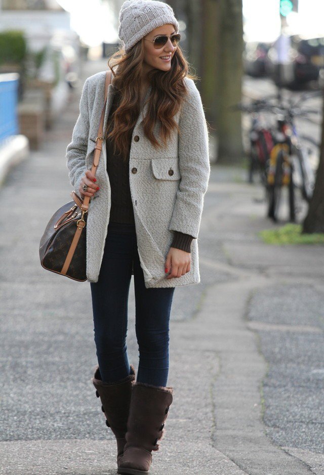Grey Coat and Knitted Hat