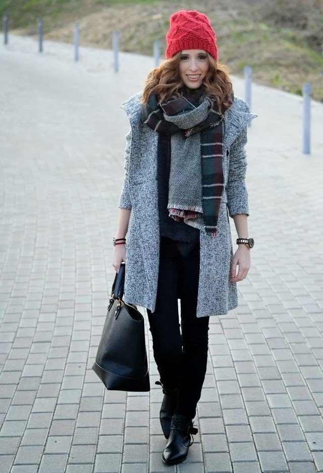 Grey Outfit with Red Knitted Hat