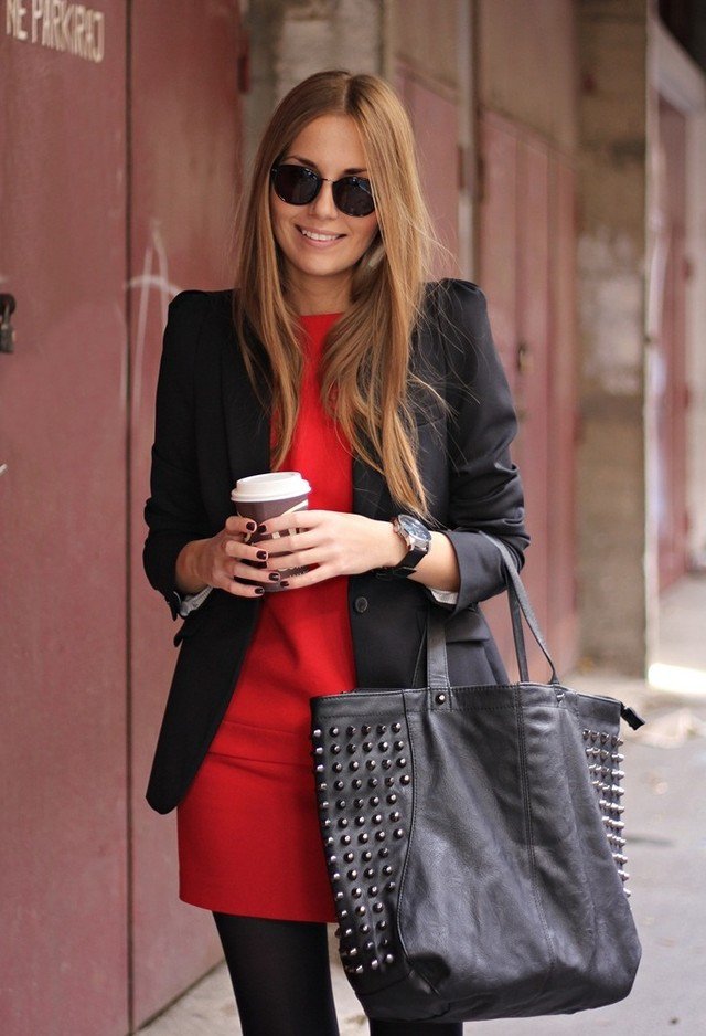 Red Dress with Black Jacket for Valentine's Day