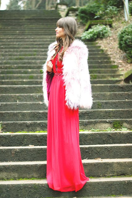 Red Long Dress with White Fur Coat