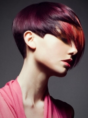 Red colored short haircut with long bangs