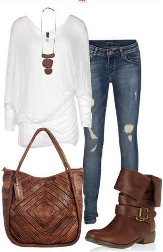 The Casual Outfit Look, Loose White Knit Top, Jeans and Vintage Brown Boots