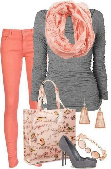 The Fabulous Coral Outfit Look, Grey Knit Top, Coral Colored Skinnies and Grey Pumps