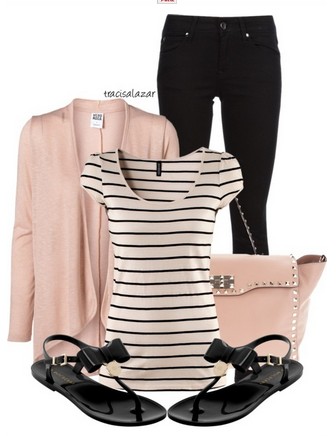 The Nude and Black Outfit Idea, Nude Cardigan, Striped Top, Nude Bag and Black Sandles