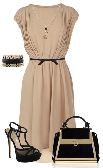 The Nude and Black Outfit Idea, Nude Evening Dress, Birkin Bag and Black Pumps