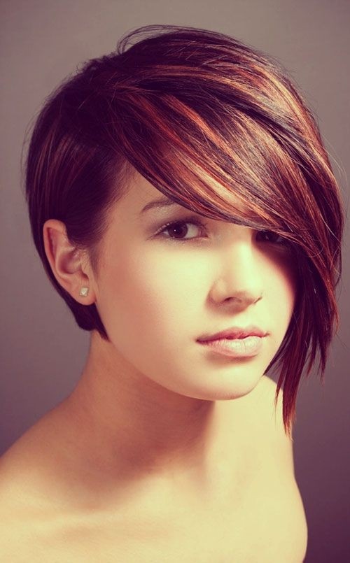 Dark Red Brunette Hair Color: Asymmetry Short Haircut