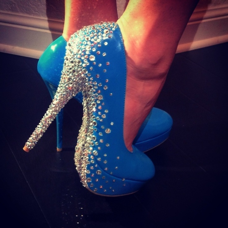 Rhinestones on a pair of blue stilettos