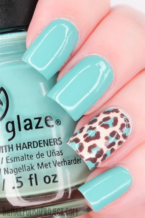 Classy Mint Nail Design with Leopard Prints