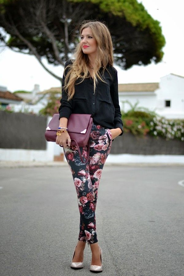 Floral pants with a solid color blouse