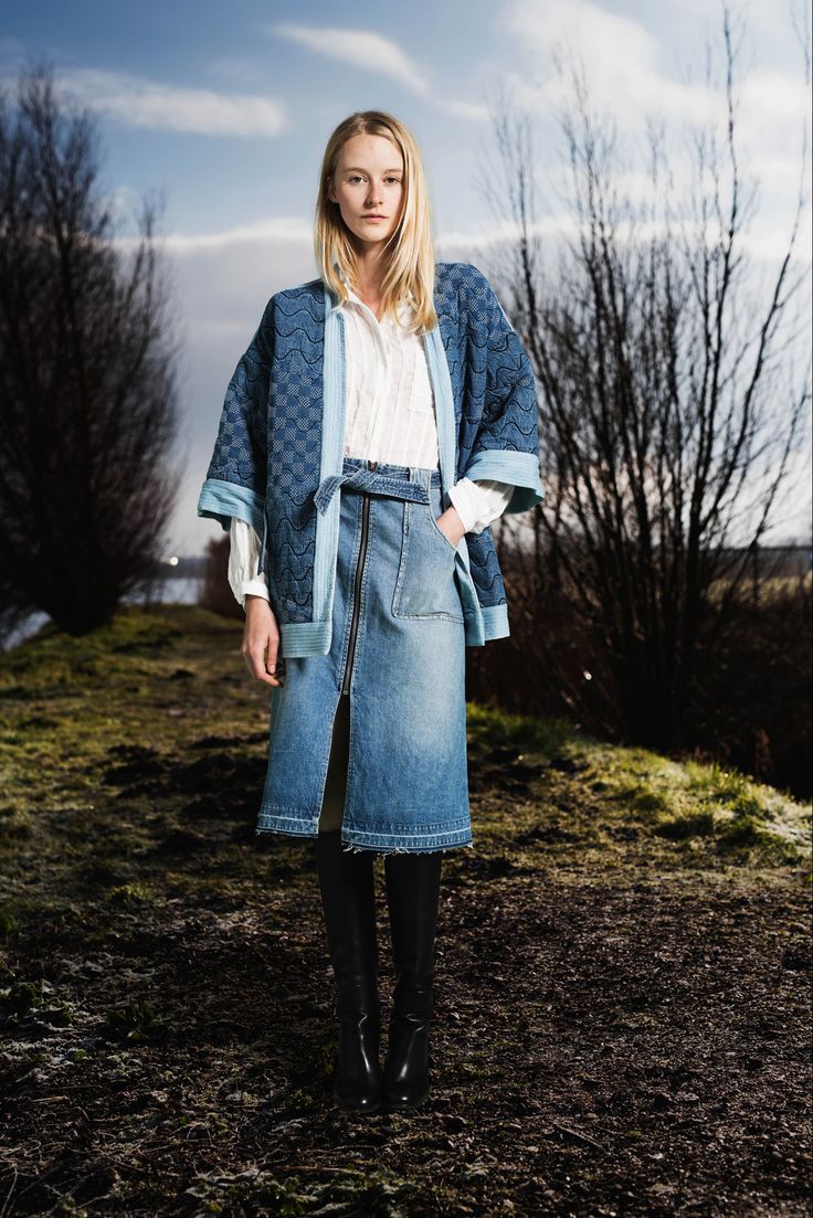 Kimono and denim skirt