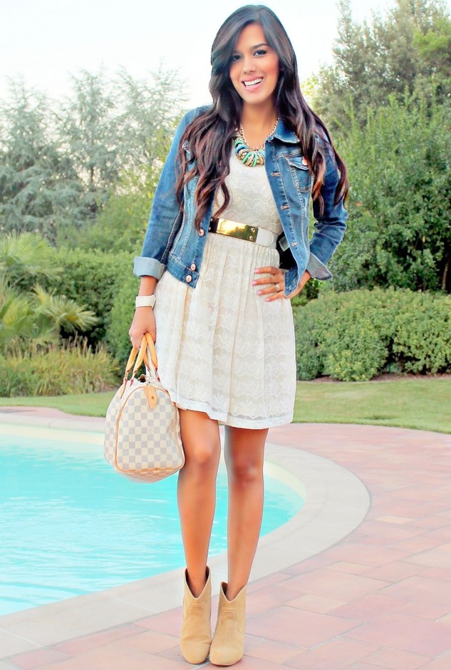 Leather jacket, baby doll dress and booties