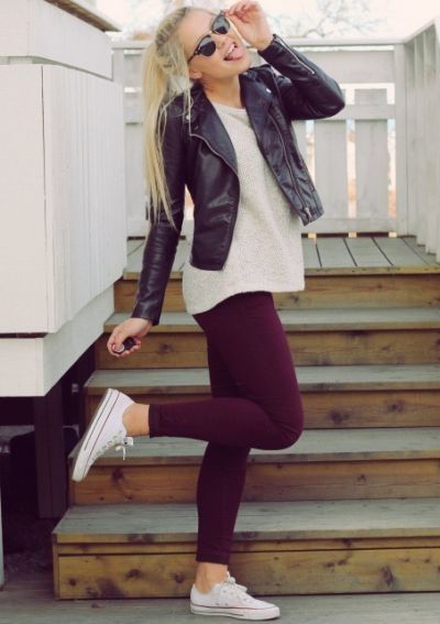 Leather, leggings and canvas shoes