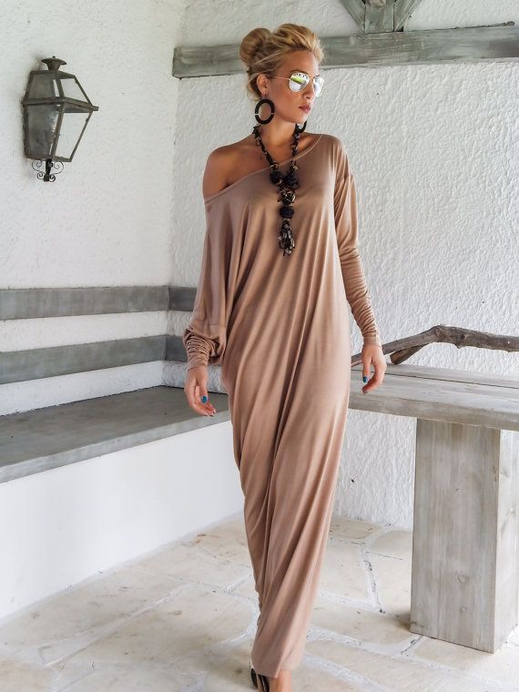 Off-shoulder taupe maxi dress