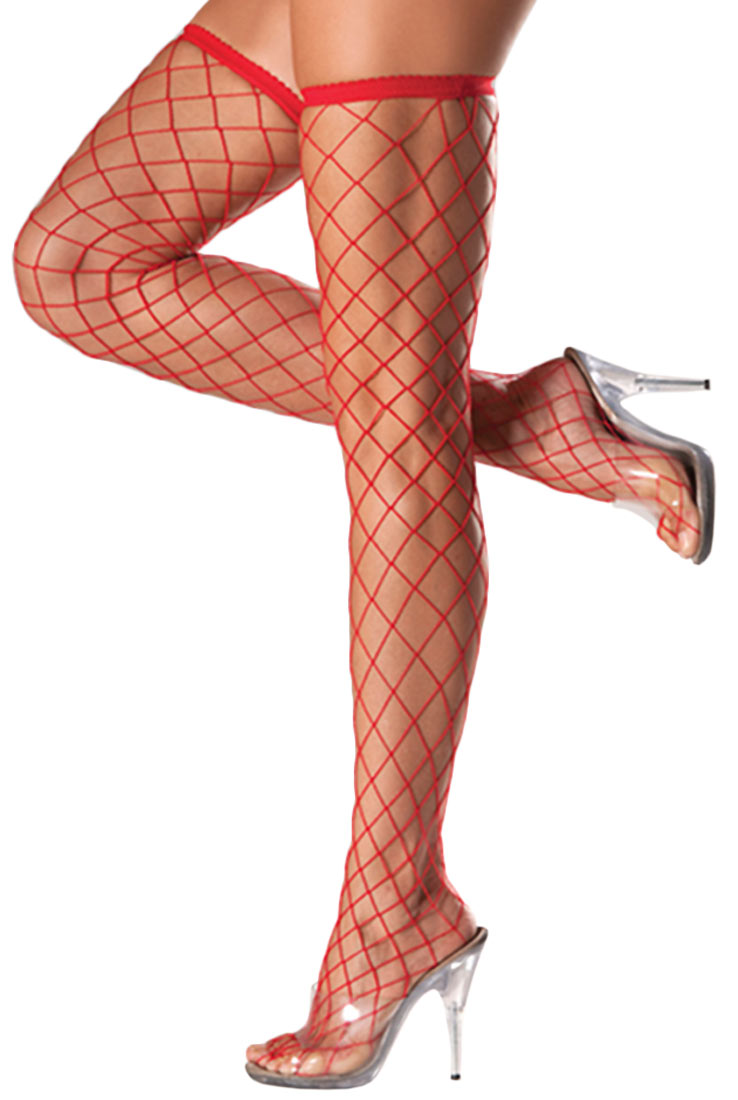 Red fishnet thigh-highs