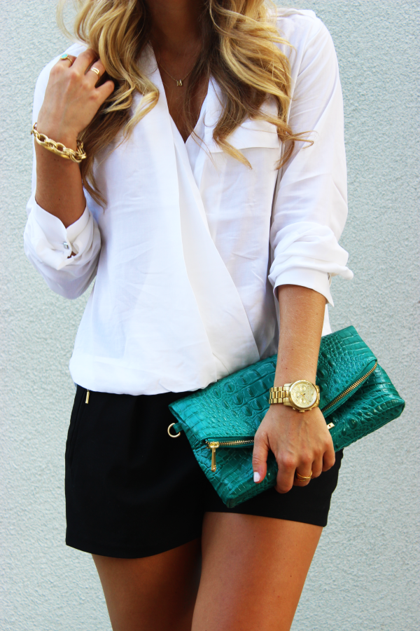 White blouse and black shorts