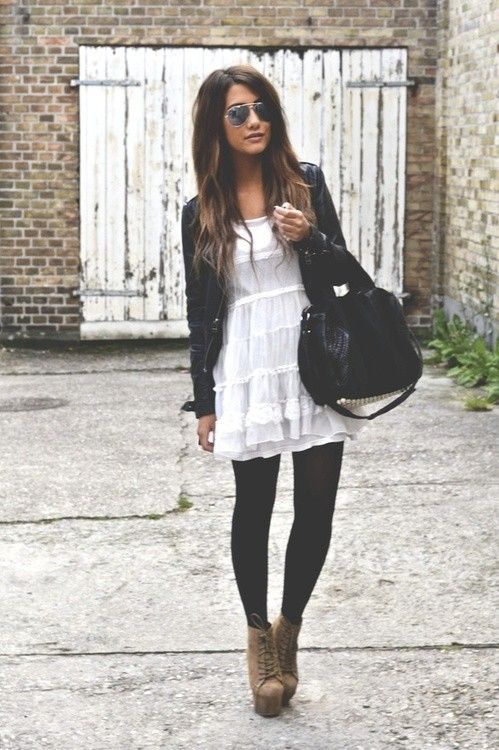 White dress with black leggings