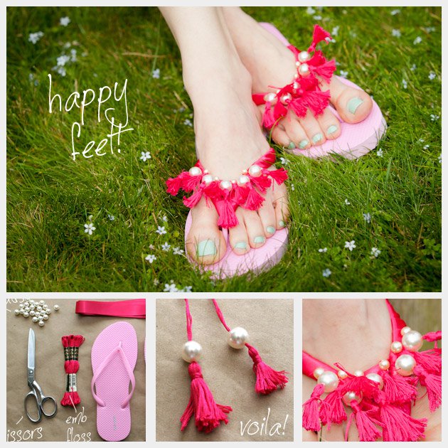 Beautiful DIY Pink Slippers with Pearls and Fringes