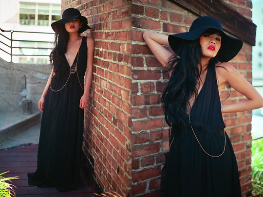 Floppy hat with black maxi dress