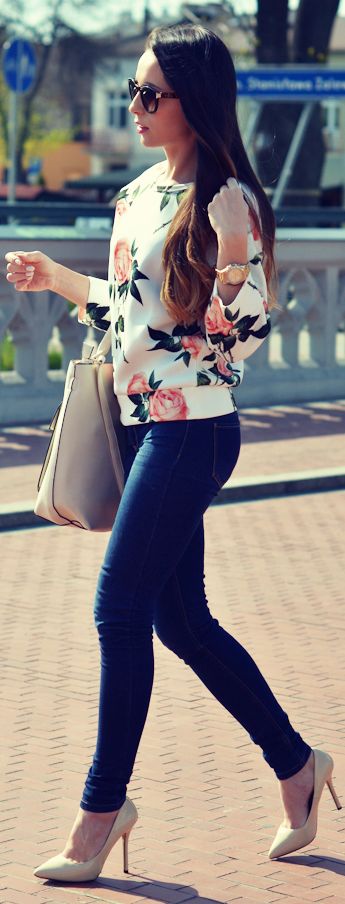 Floral blouse and jeans
