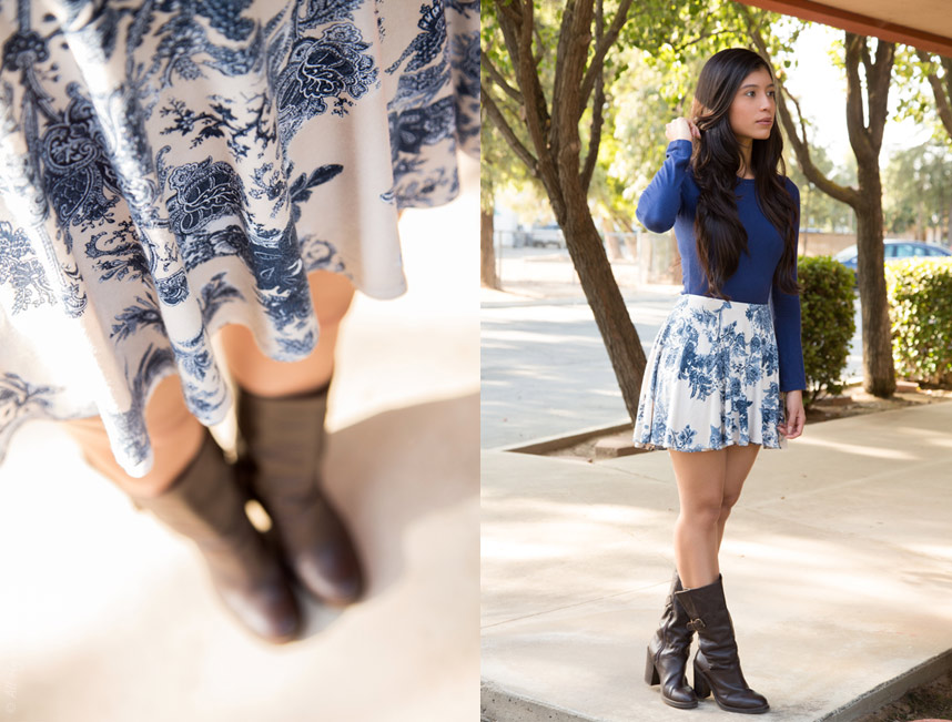 Floral mini skirt and long sleeve shirt