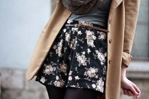 Floral shorts and opaque tights