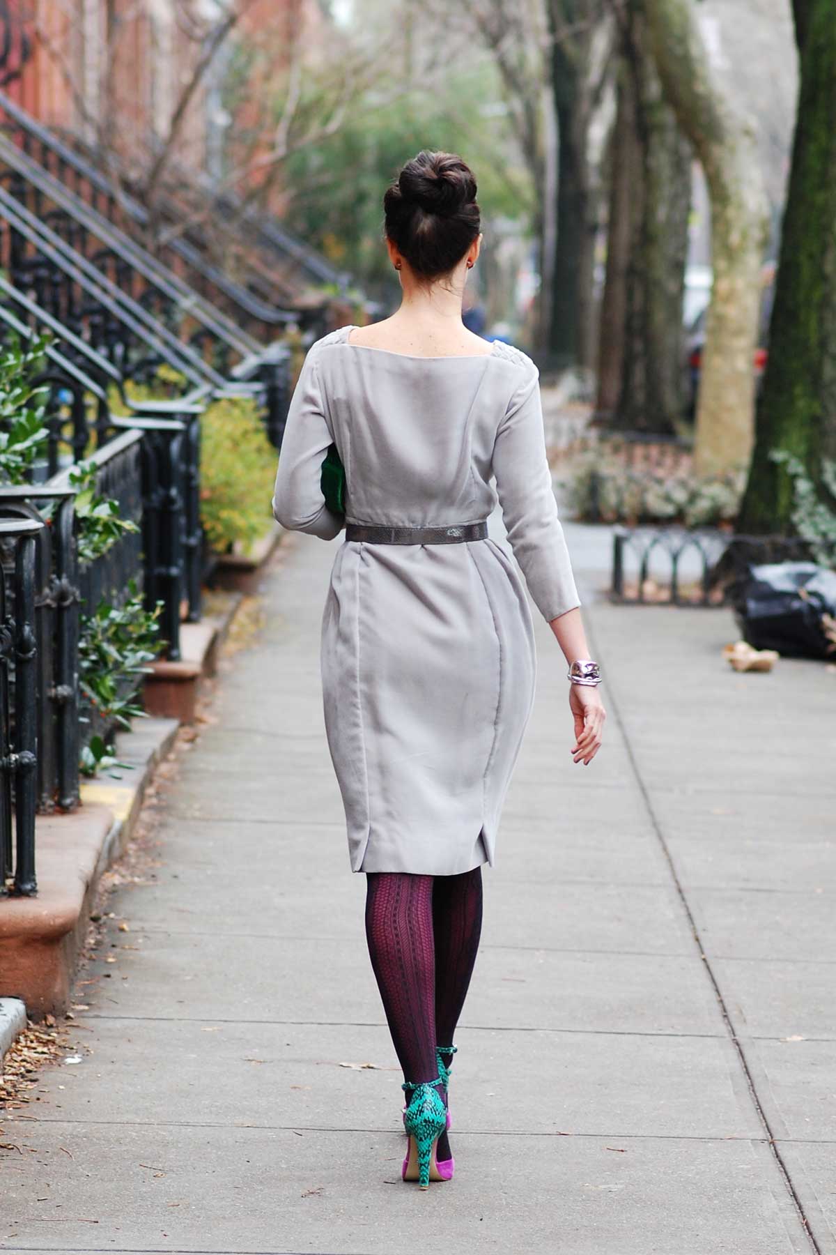 Grey dress and colorful tights (and shoes)