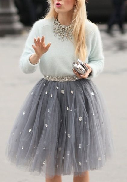 Grey jeweled tulle skirt and sweater