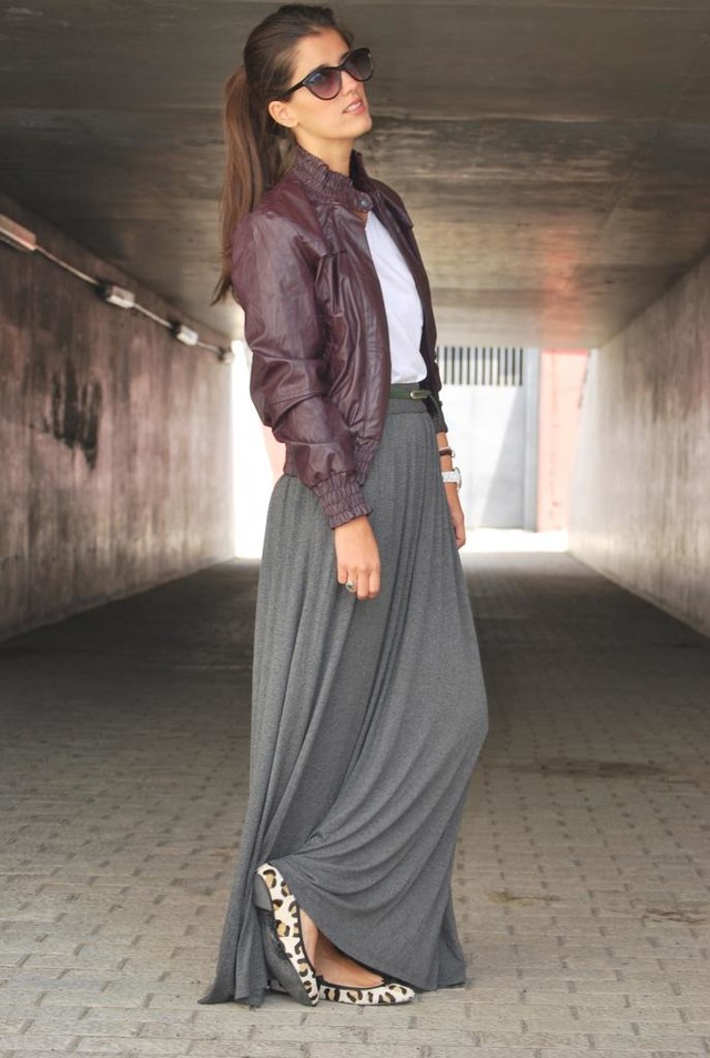 Grey maxi shirt and leather jacket