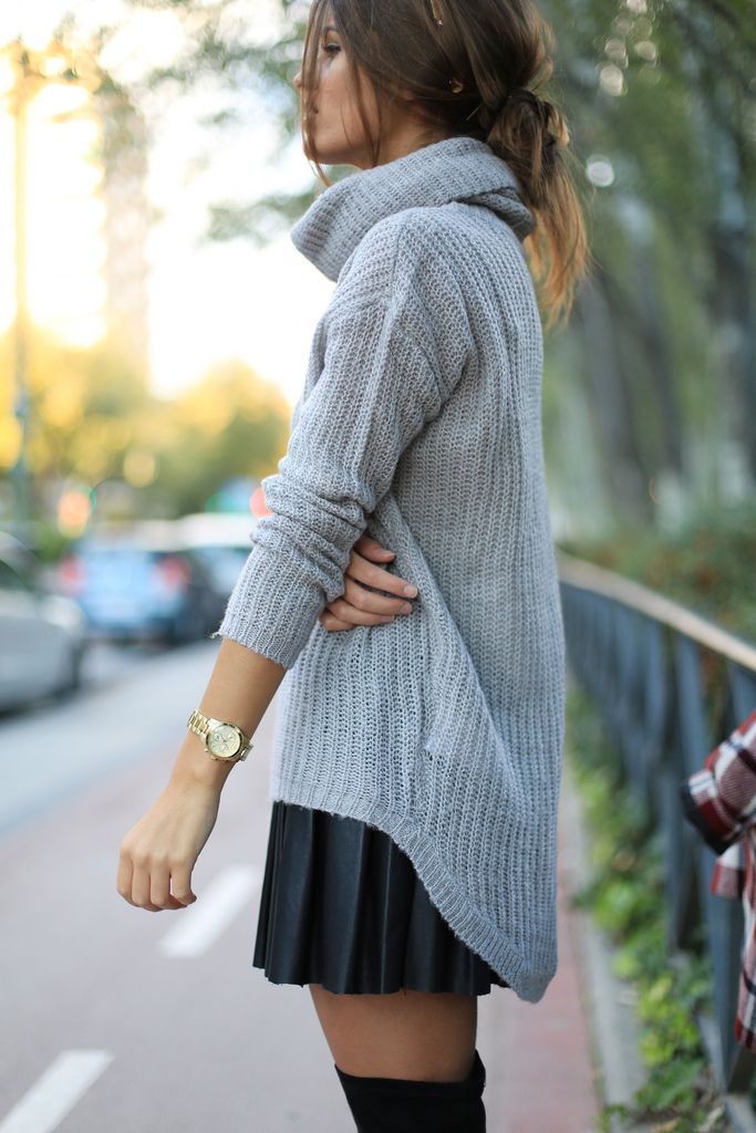 Grey sweater and thigh high boots