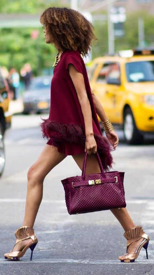 Marsala fur trimmed dress