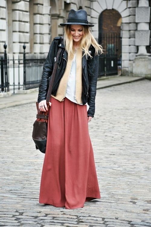 Maxi skirt and leather jacket