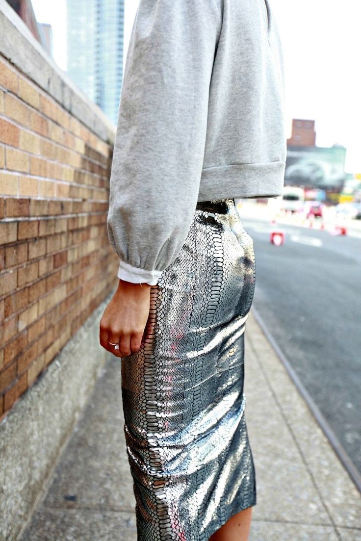 Metallic silver pencil skirt