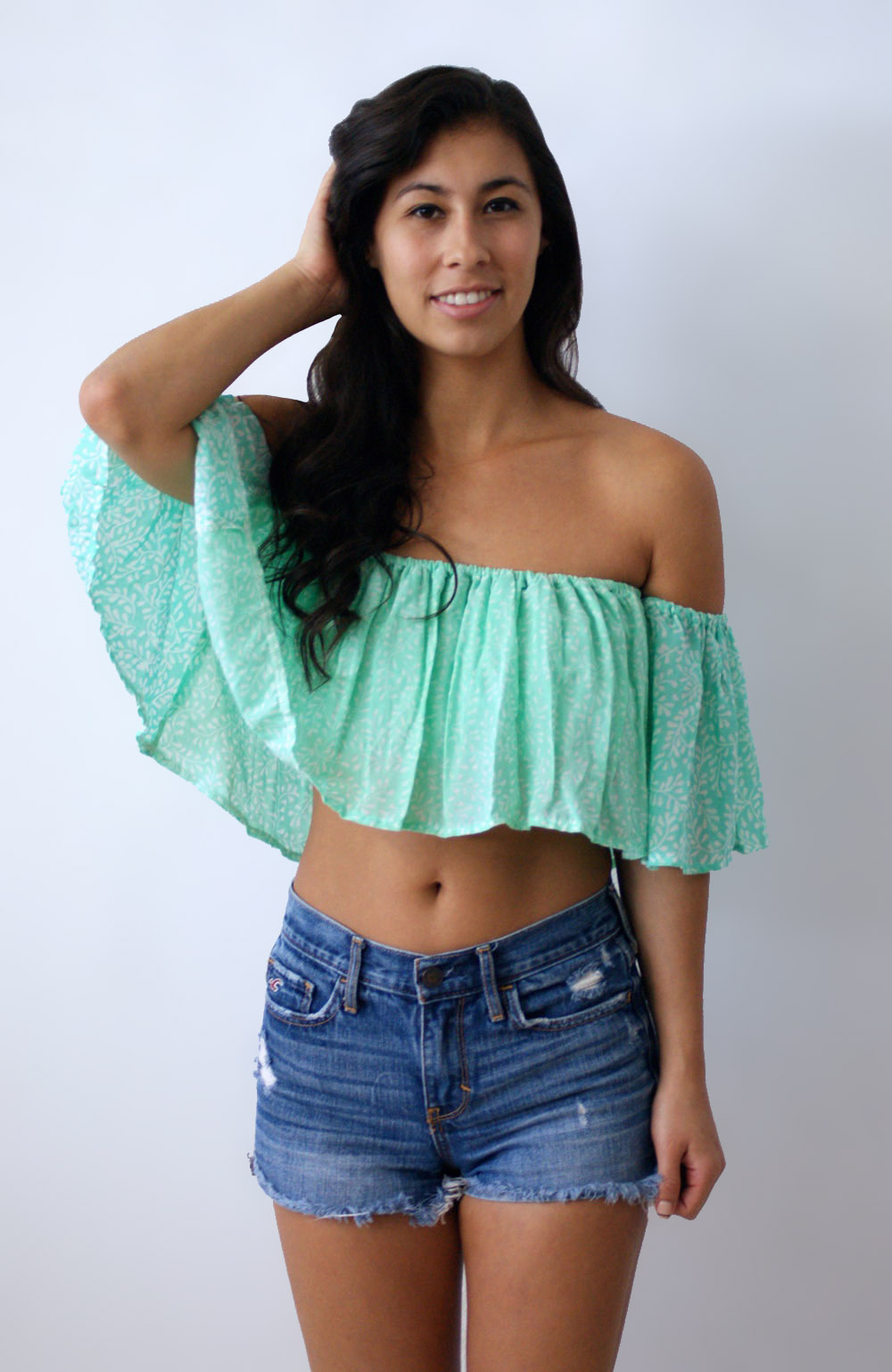 Mint green off shoulder crop top