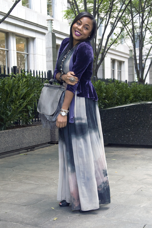 Tie dye dress and velvet jacket