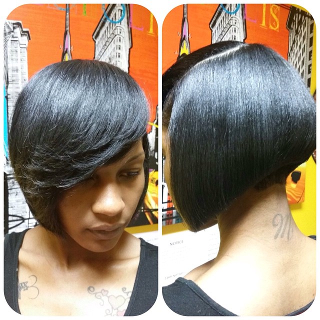 Dark Angled Bob Hairstyle with bangs for black women